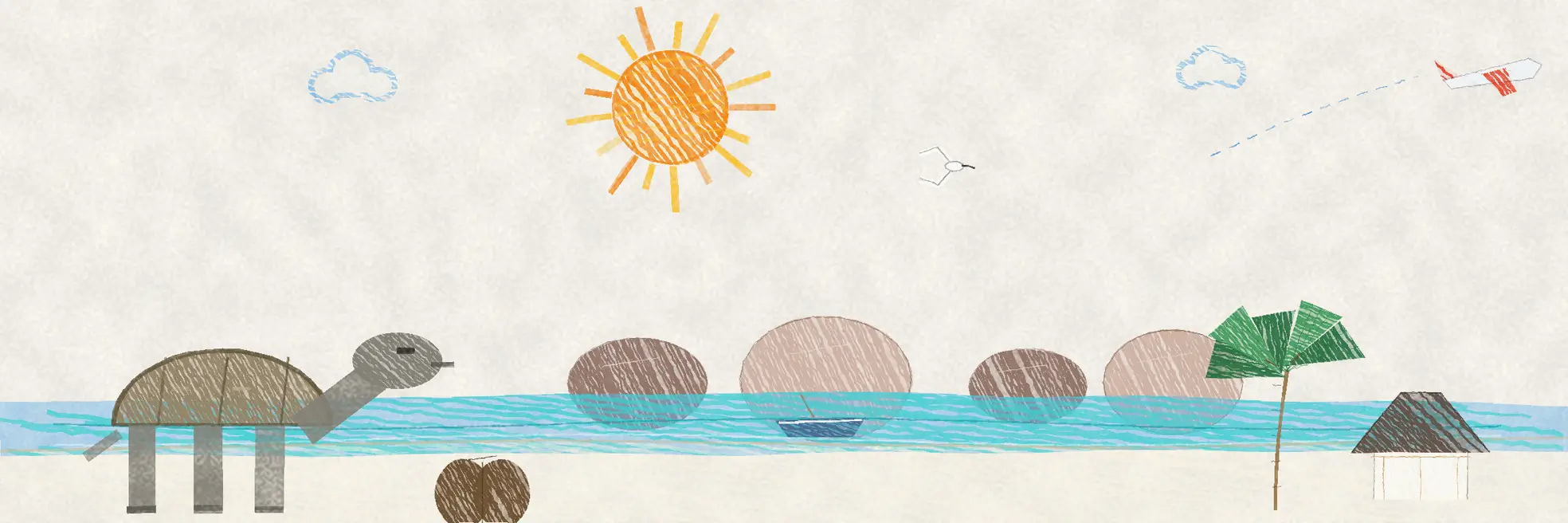 Illustrated Seychelles scene with a giant tortoise, granite boulders rising from turquoise water, a small sailboat, a coco de mer, a palm tree and a thatched beach hut